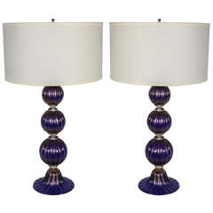 Unique Pair of Barovier & Toso Style Violet and Gold Murano Glass Lamps, Italy