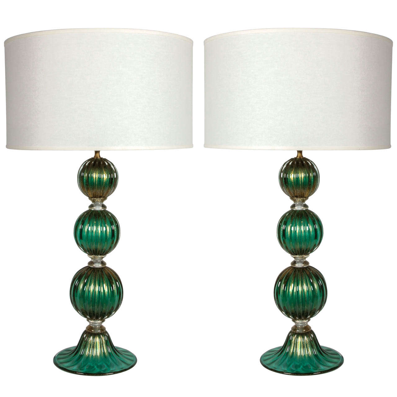 Pair of Emerald Green and 23k Gold Murano Glass Lamps at 1stDibs