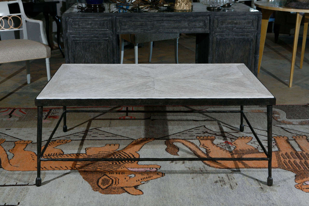 Modern coffee table in textured iron and with wood top. A distressed oak version in-stock is shown in the last three photos, same pricing. Iron with hammered textured surface, wood is in a distressed finish.