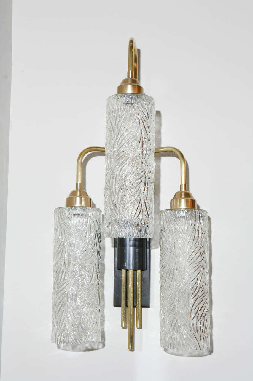 American Large Brass Sconces with Vintage German Glass For Sale