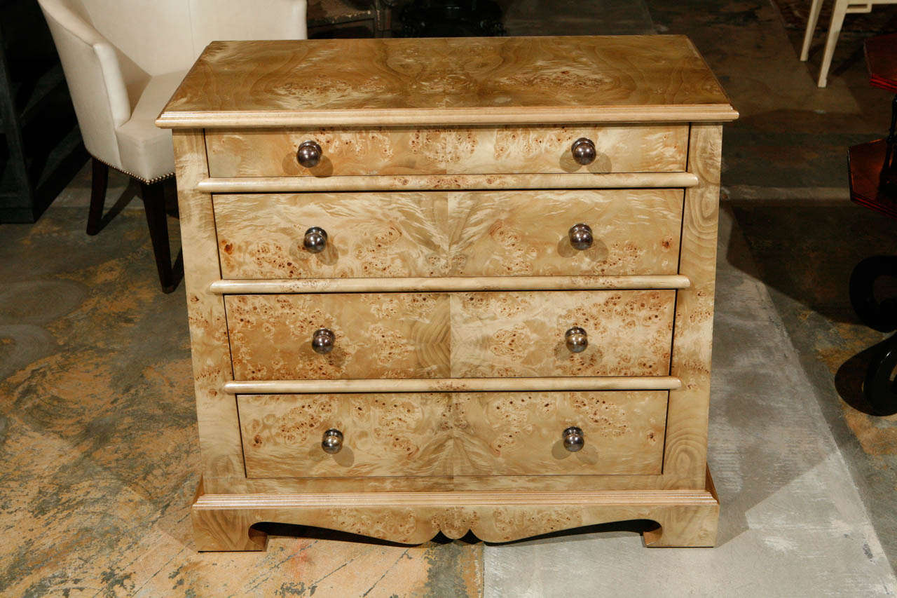 Traditional European-style Paul Marra chest in mappa vaneer. Remaining pair in stock, price quoted is for the pair. 