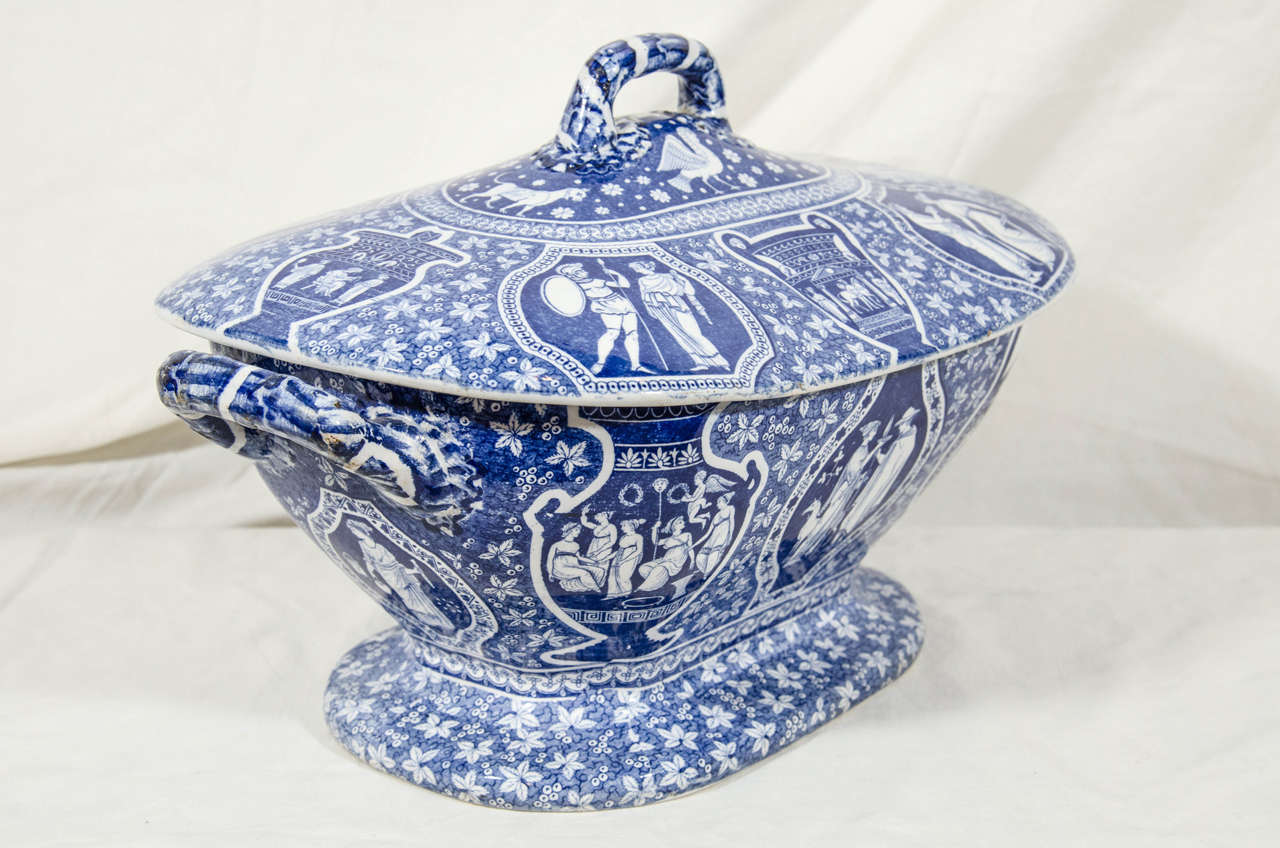 A pair of large Copeland Spode Blue and White soup tureens with classical figures and mythological animals printed on earthenware. The pattern is also known as Spode 