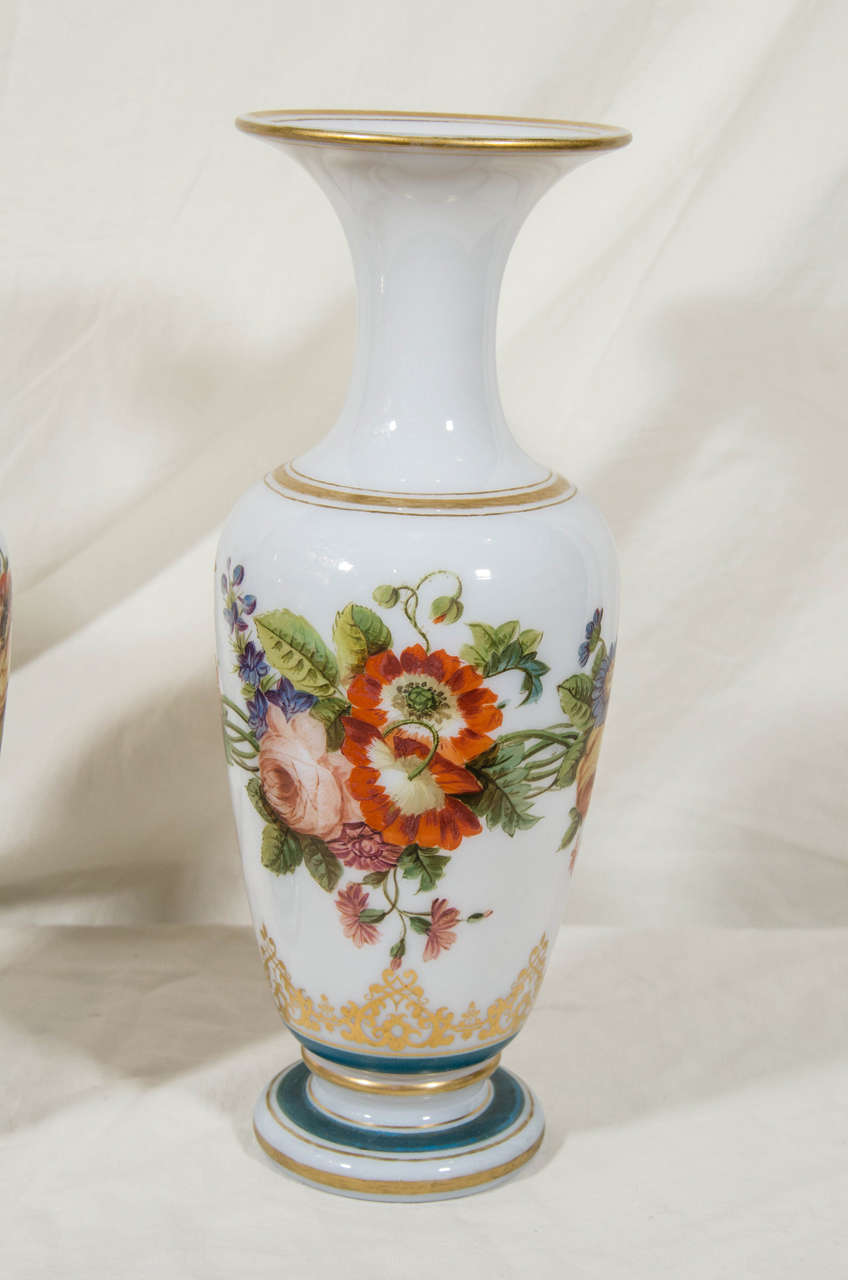 Louis Philippe Pair of Antique Opaline Glass Vases with Hand-Painted Roses and Other Flowers