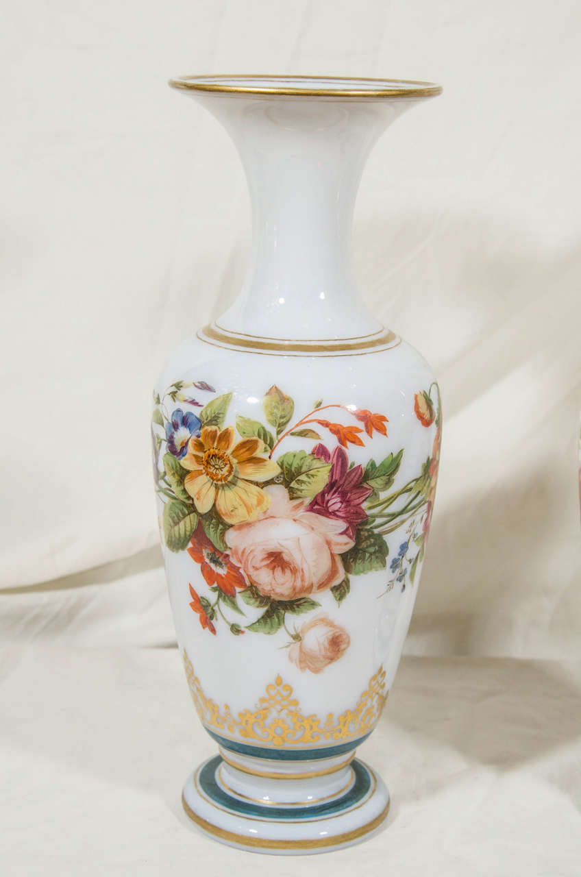 French Pair of Antique Opaline Glass Vases with Hand-Painted Roses and Other Flowers
