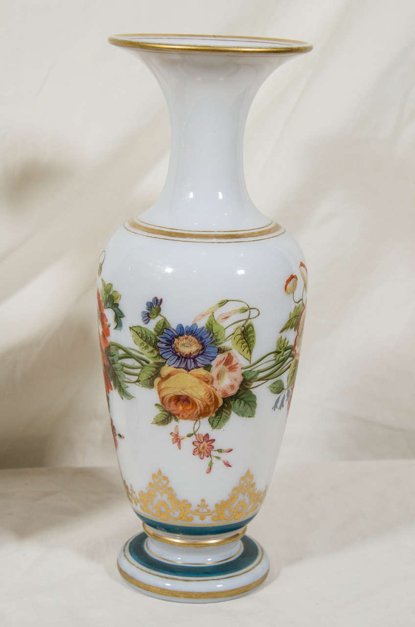 Pair of Antique Opaline Glass Vases with Hand-Painted Roses and Other Flowers In Excellent Condition In Katonah, NY