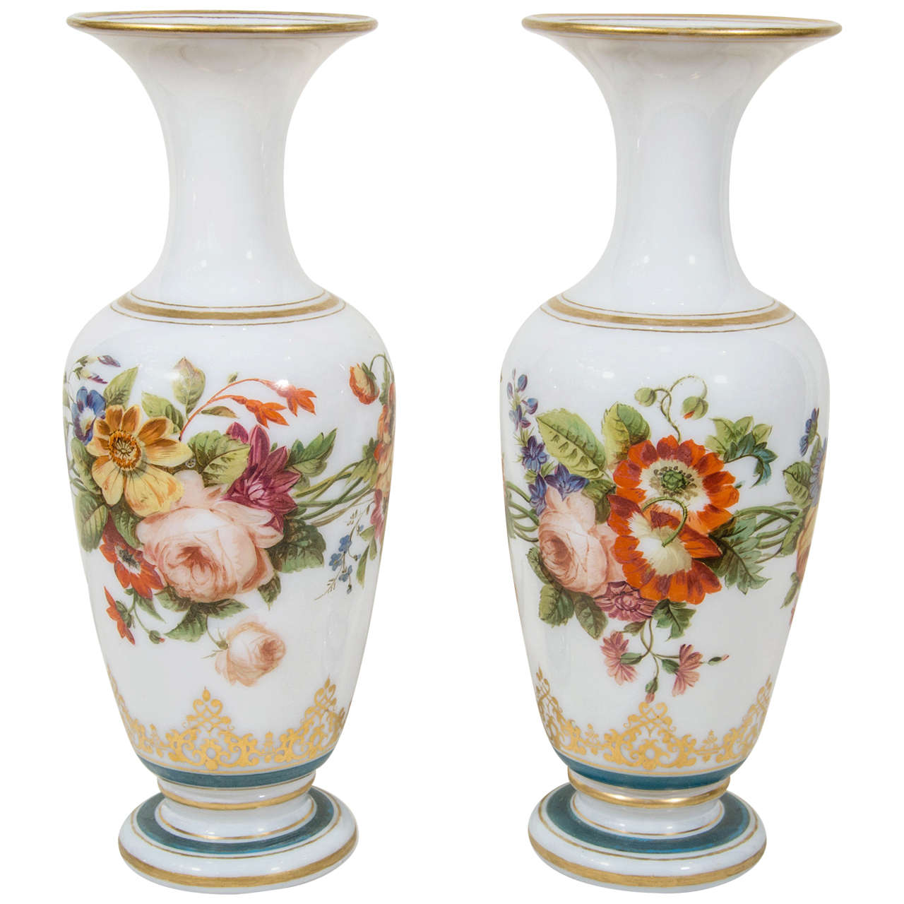 Pair of Antique Opaline Glass Vases with Hand-Painted Roses and Other Flowers