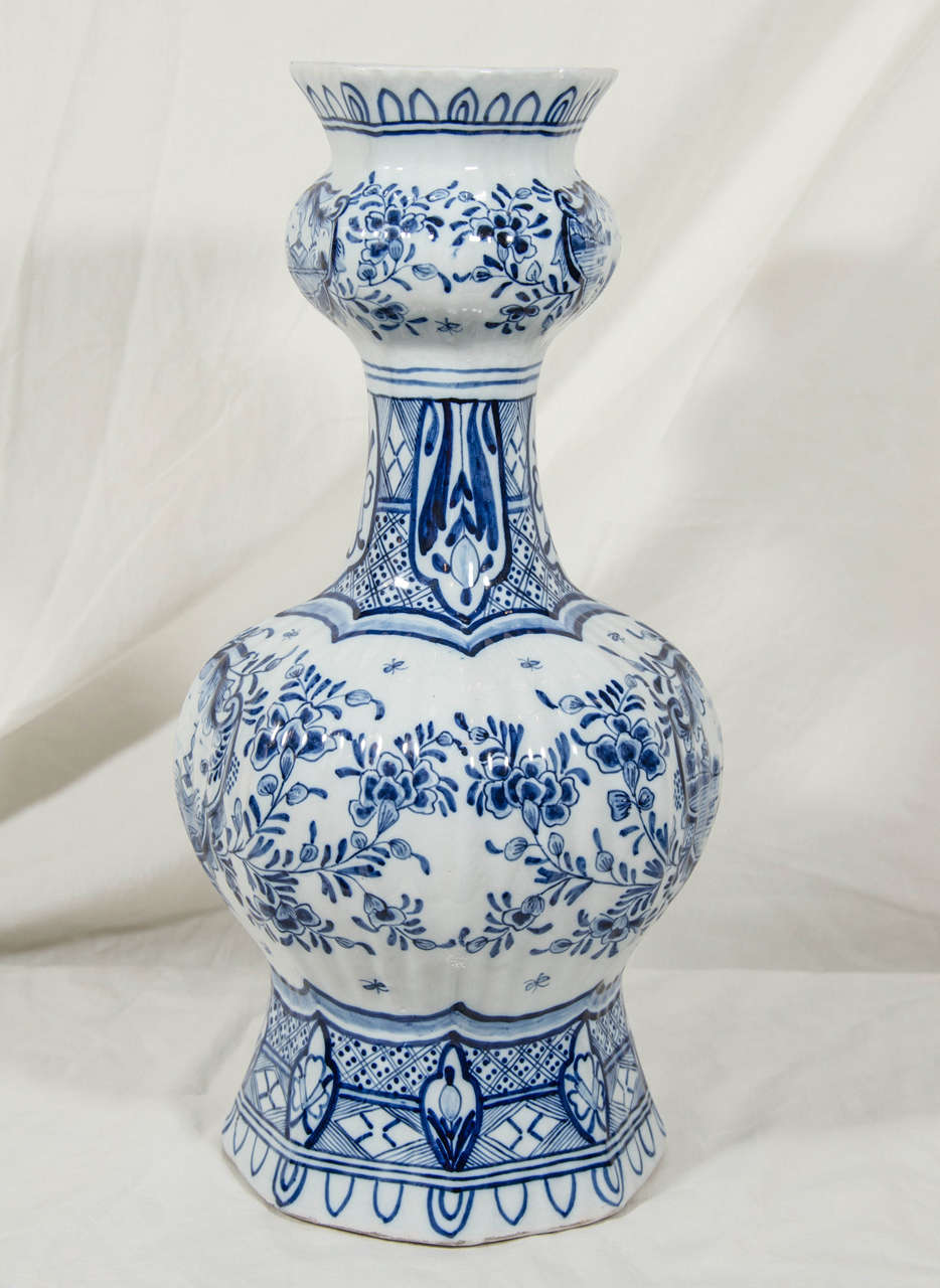 Pair of Blue and White Dutch Delft Vases with Chinoiserie Scenes
