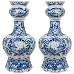 Vintage Pair of Blue and White Dutch Delft Vases with Chinoiserie Scenes