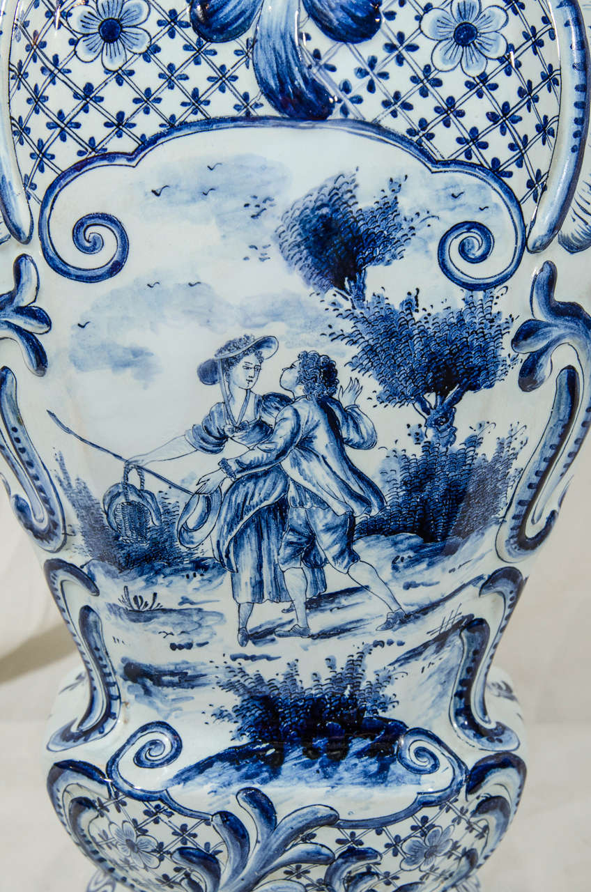 Large Dutch Delft Covered Vase with Romantic Scene