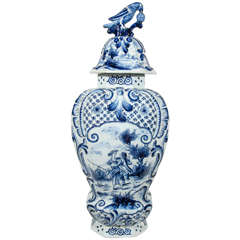 Large Dutch Delft Covered Vase with Romantic Scene