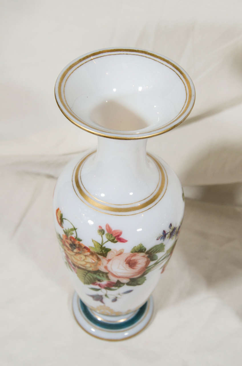 Pair of Antique Opaline Glass Vases with HandPainted Roses and Other