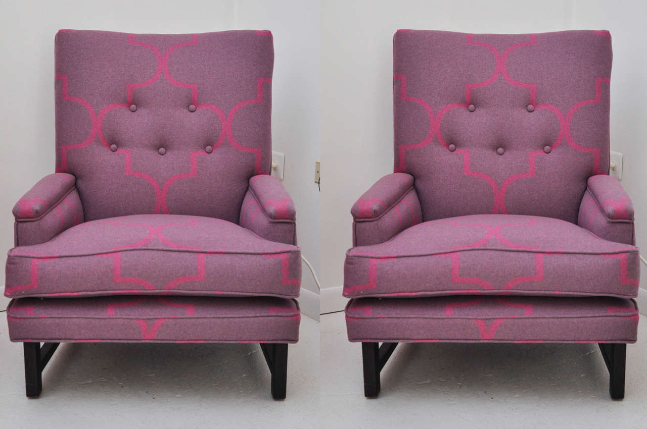 1950's Dunbar Chairs recently reupholstered in a beautiful quartz wool fabric from S. Harris for an updated makeover.