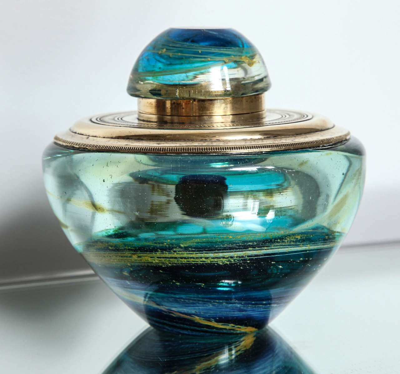 Murano Blue Swirl Glass and Silver Plate Inkwell In Excellent Condition In New York, NY
