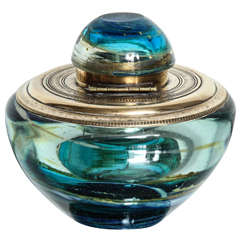 Retro Murano Blue Swirl Glass and Silver Plate Inkwell