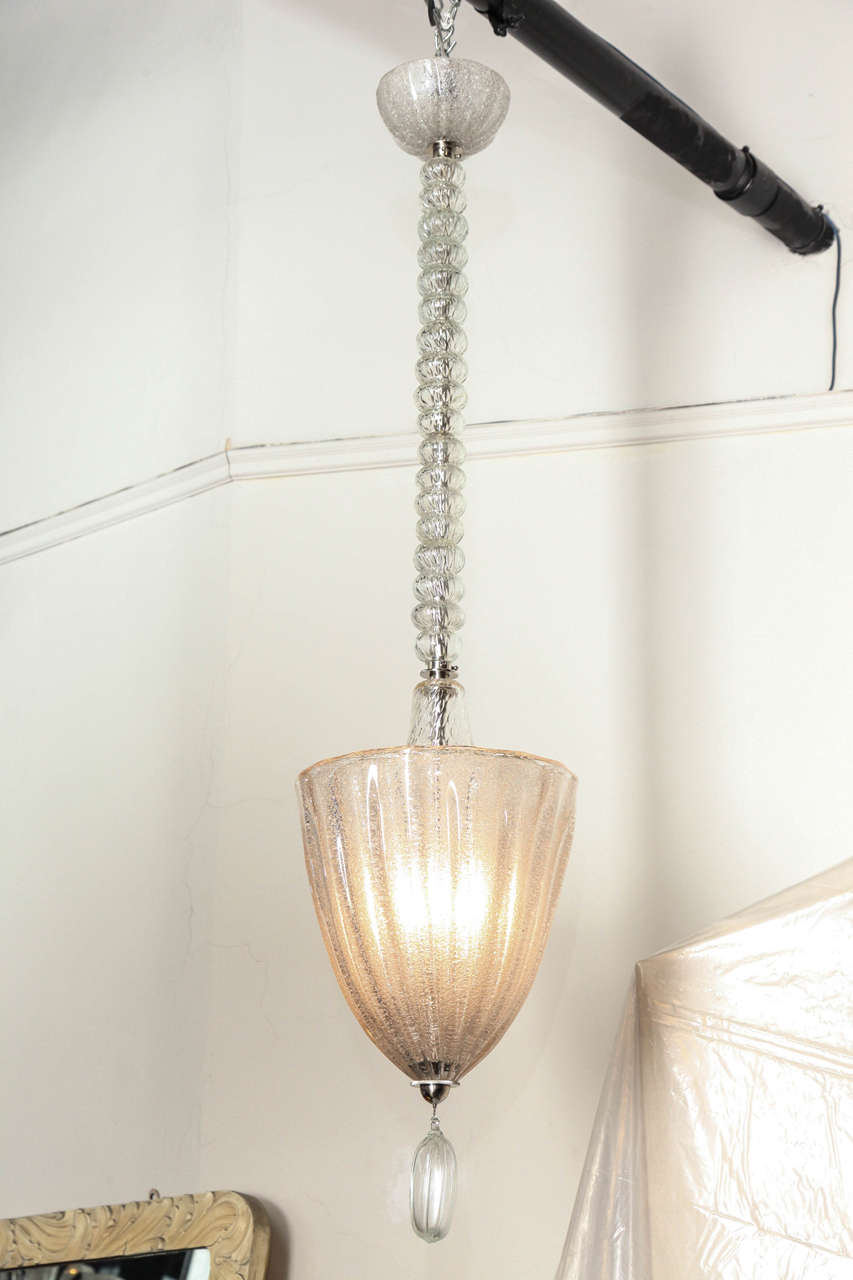 Stunning chandelier or pendant made in Venice 1938 by Barovier Toso. Bell shape shade in with regato technique on inside of shade with a domed glass cover above I have another with a different canopy, beautiful quality.