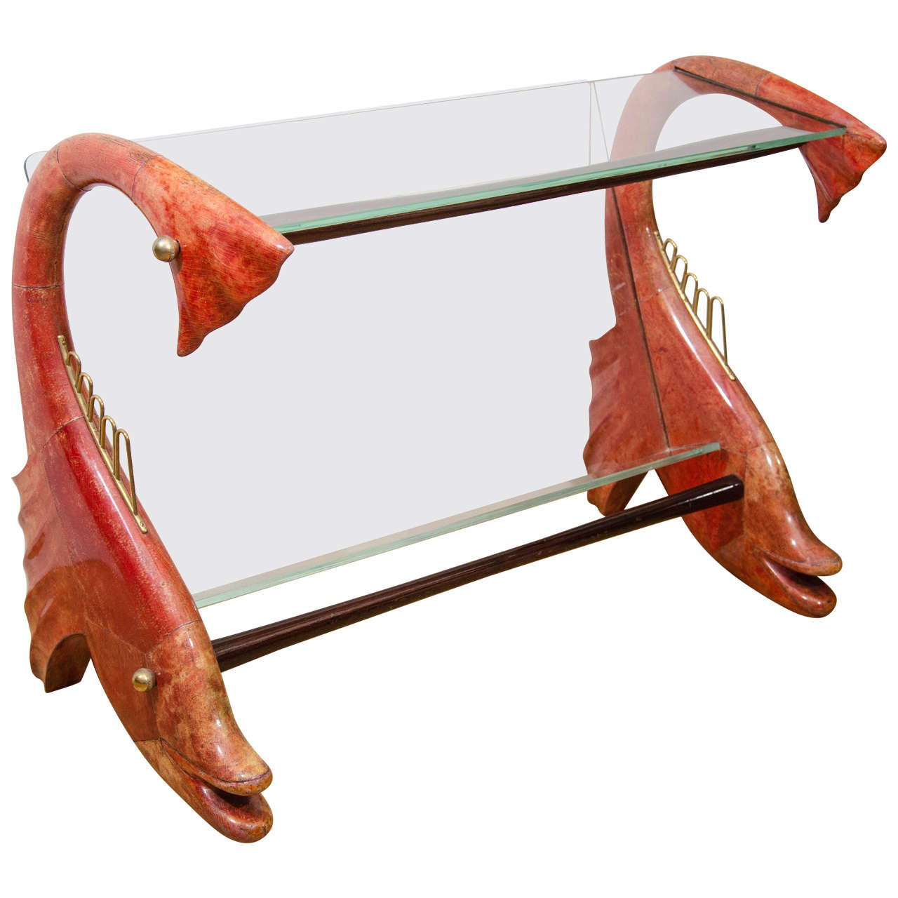 Layered Goatskin Magazine Rack Table with Dolphin Supports by Aldo Tura