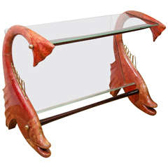 Layered Goatskin Magazine Rack Table with Dolphin Supports by Aldo Tura