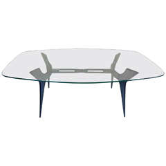 Stunning Italian 1950s Solid Sculptured Wood, Thick Glass Top Table