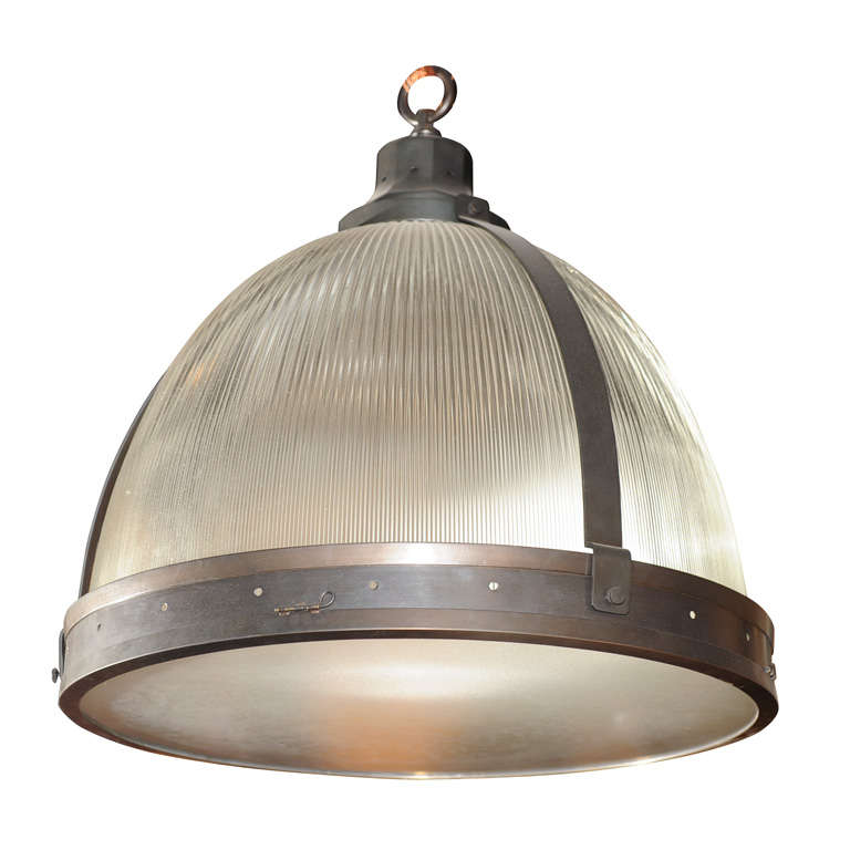 Sizable Holophane Glass Pendant Light For Sale