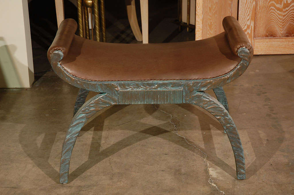 Paul Marra Neoclassical Bench in faux bronze finish and leather. By order, and by com only.  COM is 2yards. Leather shown as example. This item shown for the faux bronze over wood finish as an alternative for this bench. Sits at 16.5 in.H.