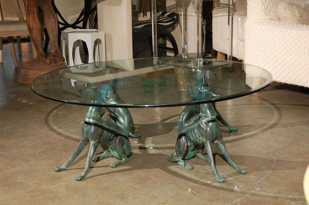 Patinated bronze whippets (or greyhounds) cocktail table.