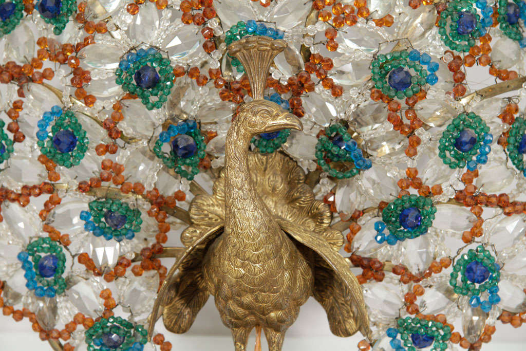 1920's Bronze and Crystal Czechoslovakian Peacock Lamp 1