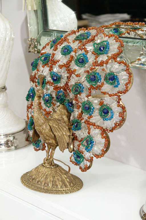 1920's Bronze and Crystal Czechoslovakian Peacock Lamp 3