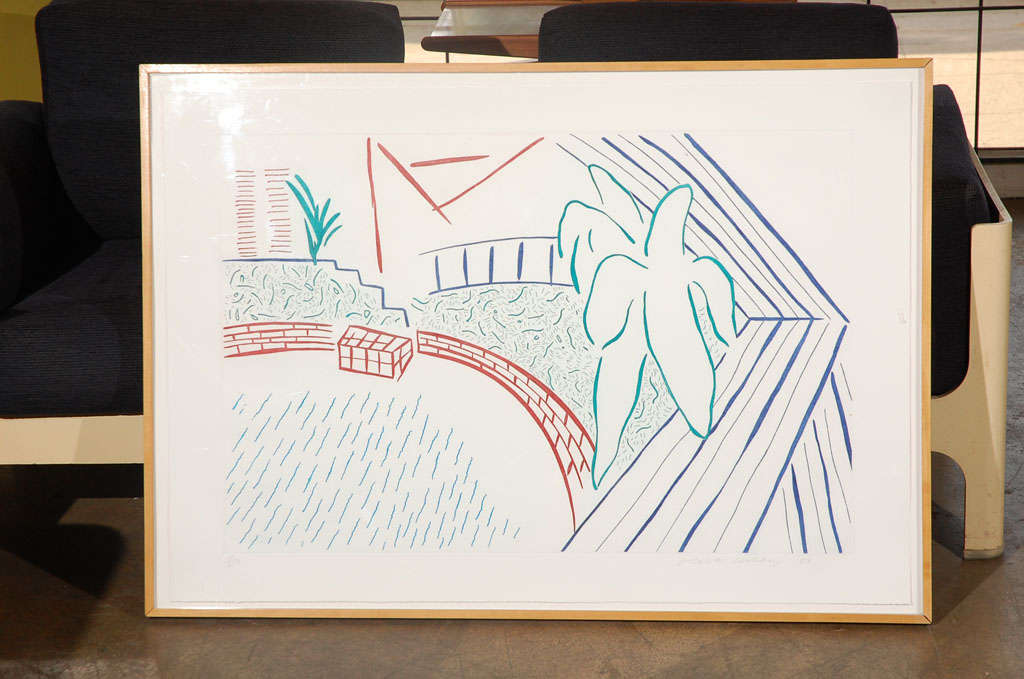This is a well know work by the well know artist David Hockney, signed and dated 83