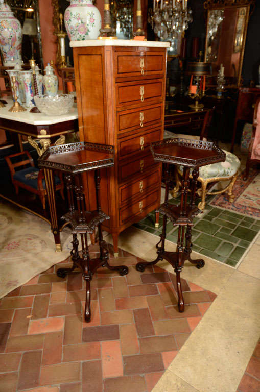 Pair of George II mahogany pedestals with pierced fret galleried octagonal tops, double column supports and unusual cabriole legs.