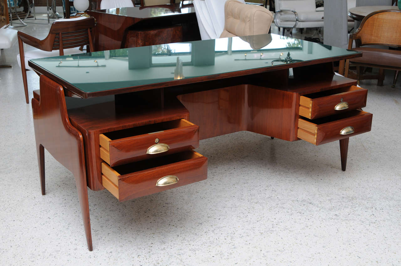 Mahogany Glass and Brass Executive Desk, Paolo Buffa In Excellent Condition In Hollywood, FL