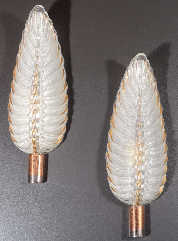Pair of Art Deco Glass Leaf Sconces with Gold Accents by Ezan