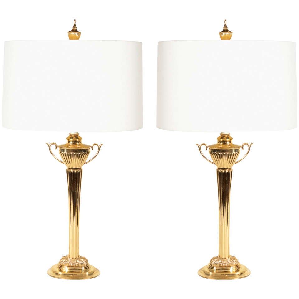 Pair of Elegant Hollywood Regency Brass Lamps with Urn Design