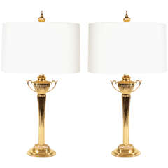 Pair of Elegant Hollywood Regency Brass Lamps with Urn Design