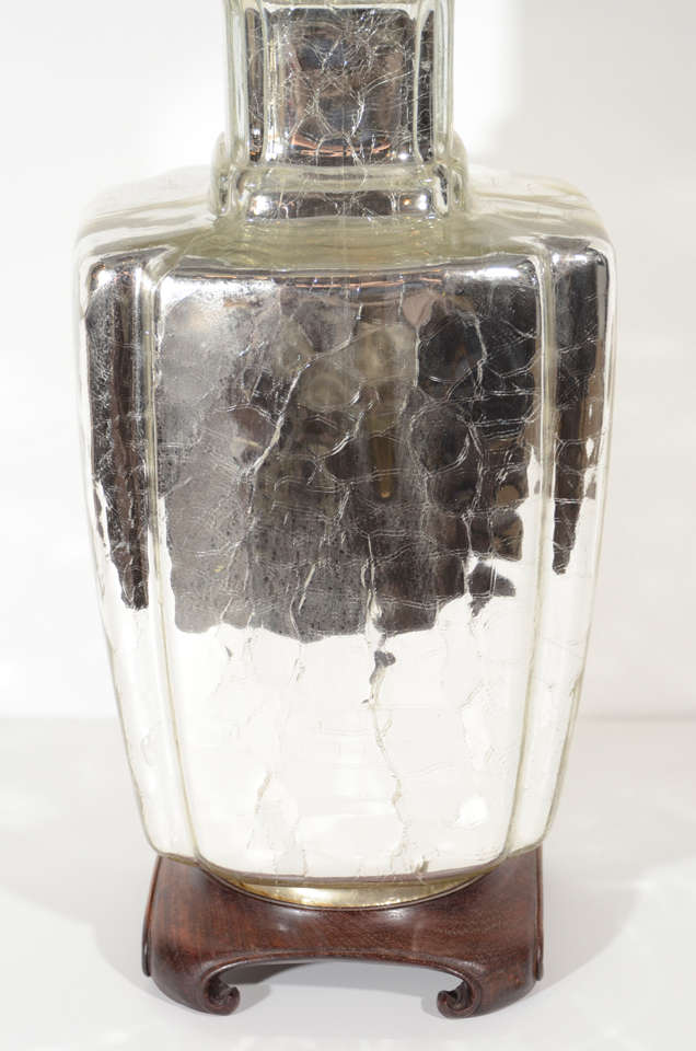 Elegant Mercury Glass Ginger Jar Table Lamp with Carved Pagoda Base In Excellent Condition In Fort Lauderdale, FL