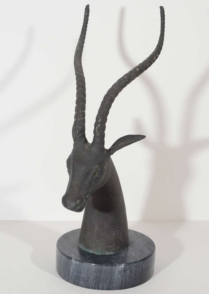 Blackened Mid-Century Modern Bronze Gazelle Sculpture with Exotic Marble
