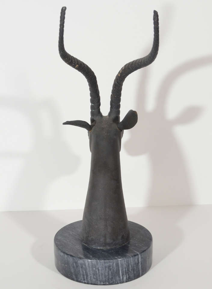Metal Mid-Century Modern Bronze Gazelle Sculpture with Exotic Marble