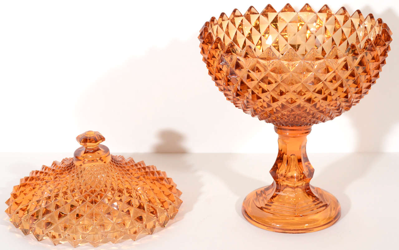 Exquisite Stylized Amber Glass Footed Bowl/Covered Compote  1
