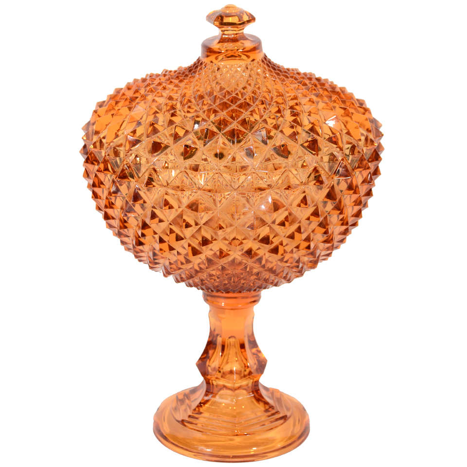 Exquisite Stylized Amber Glass Footed Bowl/Covered Compote 