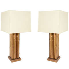 Pair of Elegant Carved Wood Bamboo Column Lamps with Gilt Finish