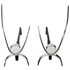 Pair of Modernist Machine Age Andirons in Chrome