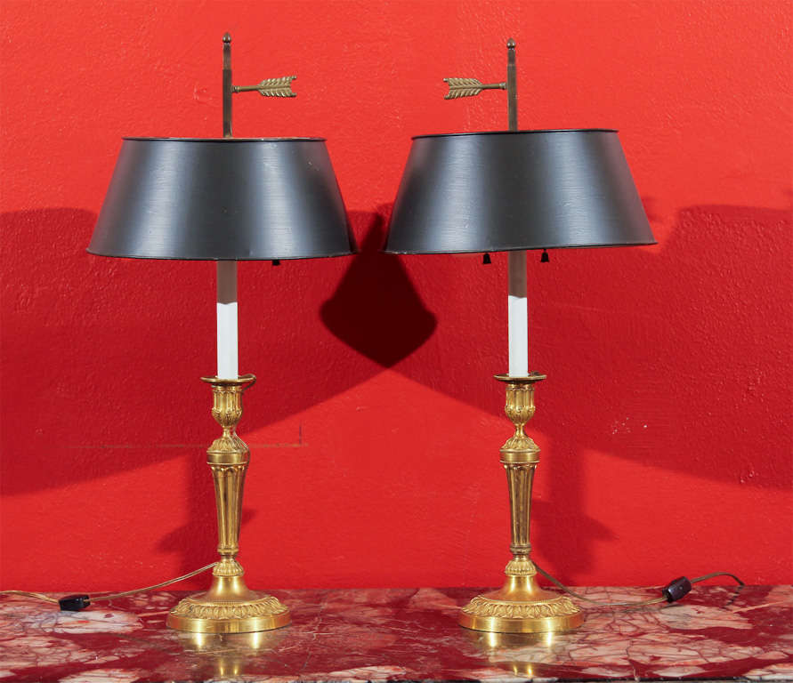 Pair Of Louis XVI Style Candlestick Lamps with Metal Shades