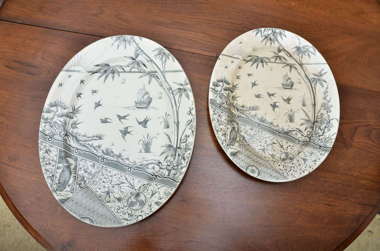 2 Large English Aesthetic Meat Platters in the Melbourne Pattern; By Gildea & Walker. Dated Aug. 27 1881. Black Transferred Printed on Ivory Ground. This Pattern is in Both The Metropolitan Museum Of Art & The Brooklyn Museum (N.Y.C. )Platters Have