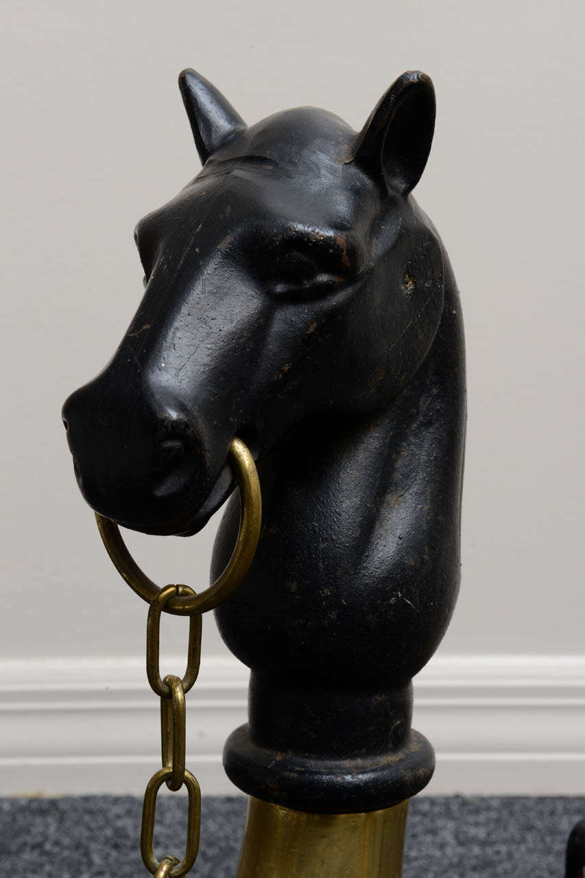 English Vintage Iron Horse Heads and Bronze Hoof Andirons