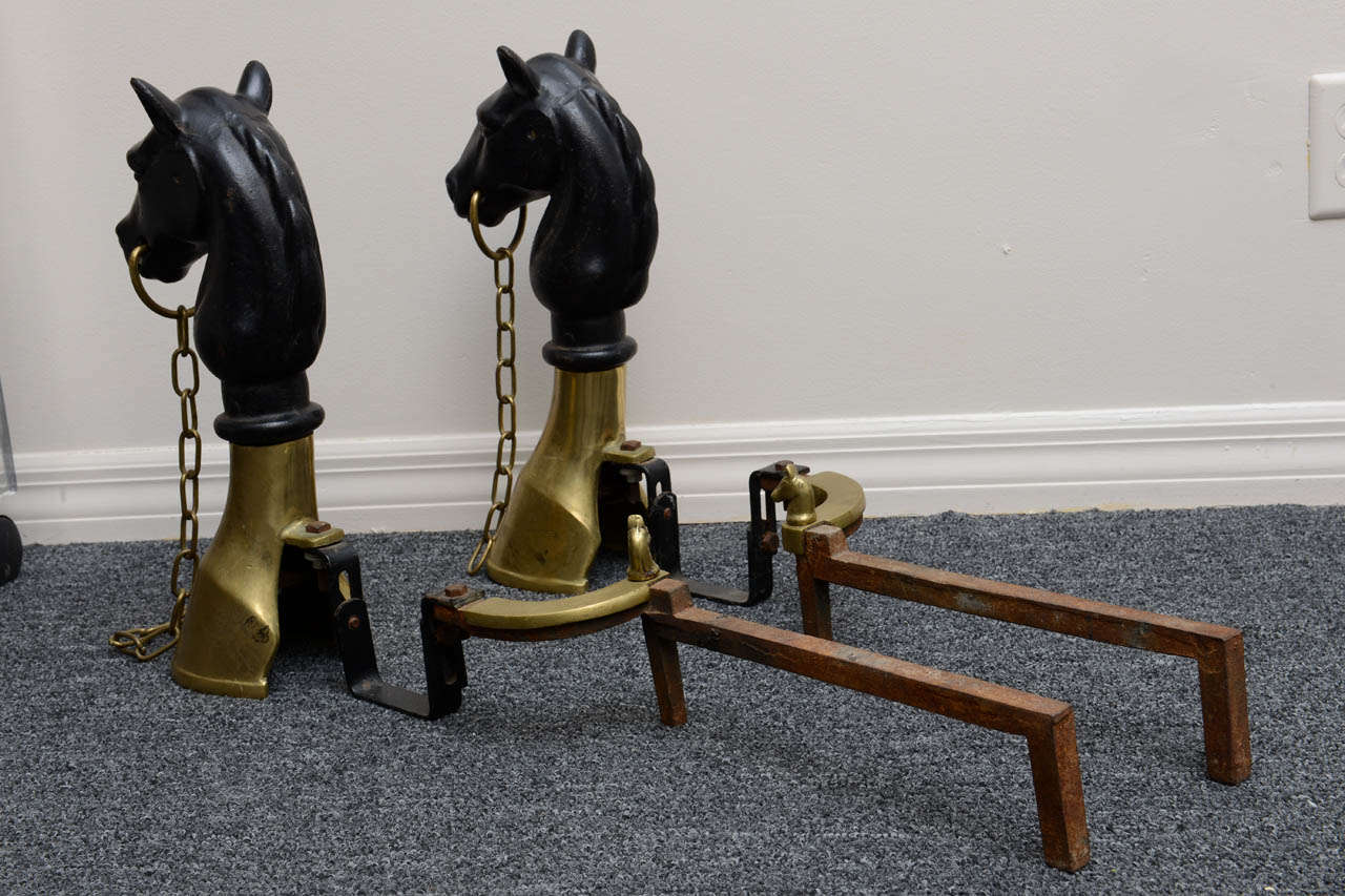 Vintage Iron Horse Heads and Bronze Hoof Andirons 1