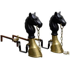 Vintage Iron Horse Heads and Bronze Hoof Andirons