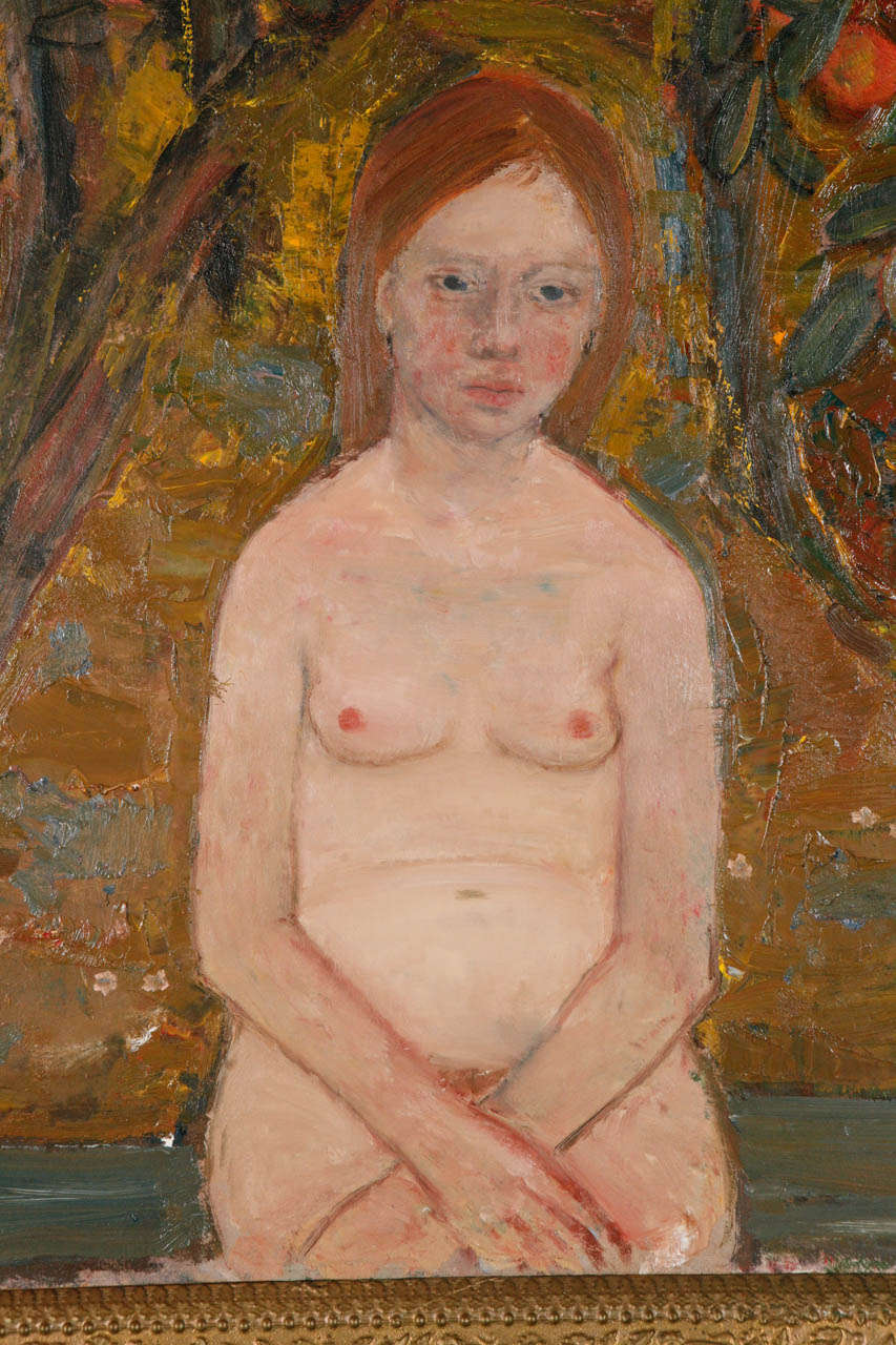 a large painting by swedish artist birger ljundquist. eve in front of the apple tree , oil on canvas.