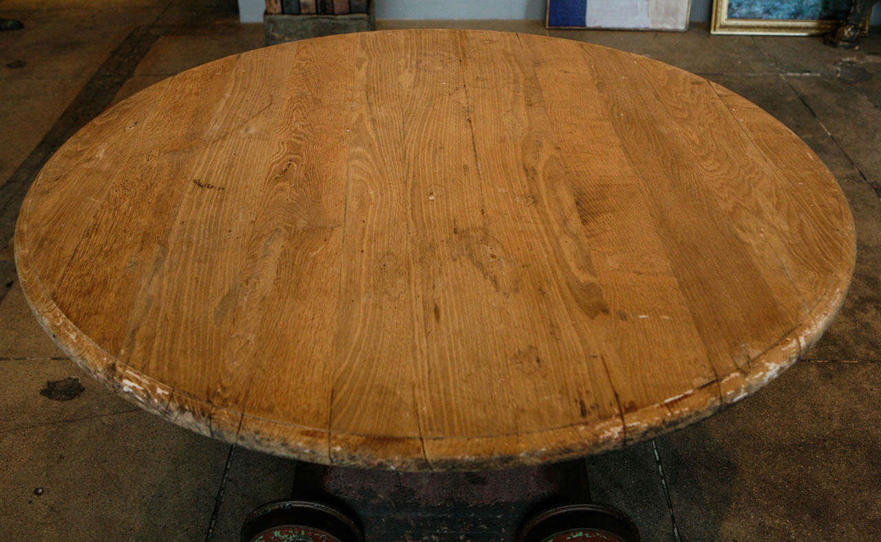 Steel Base Belgian Oak Top Entry Table, Antwerp Circa 1900 In Good Condition In Los Angeles, CA