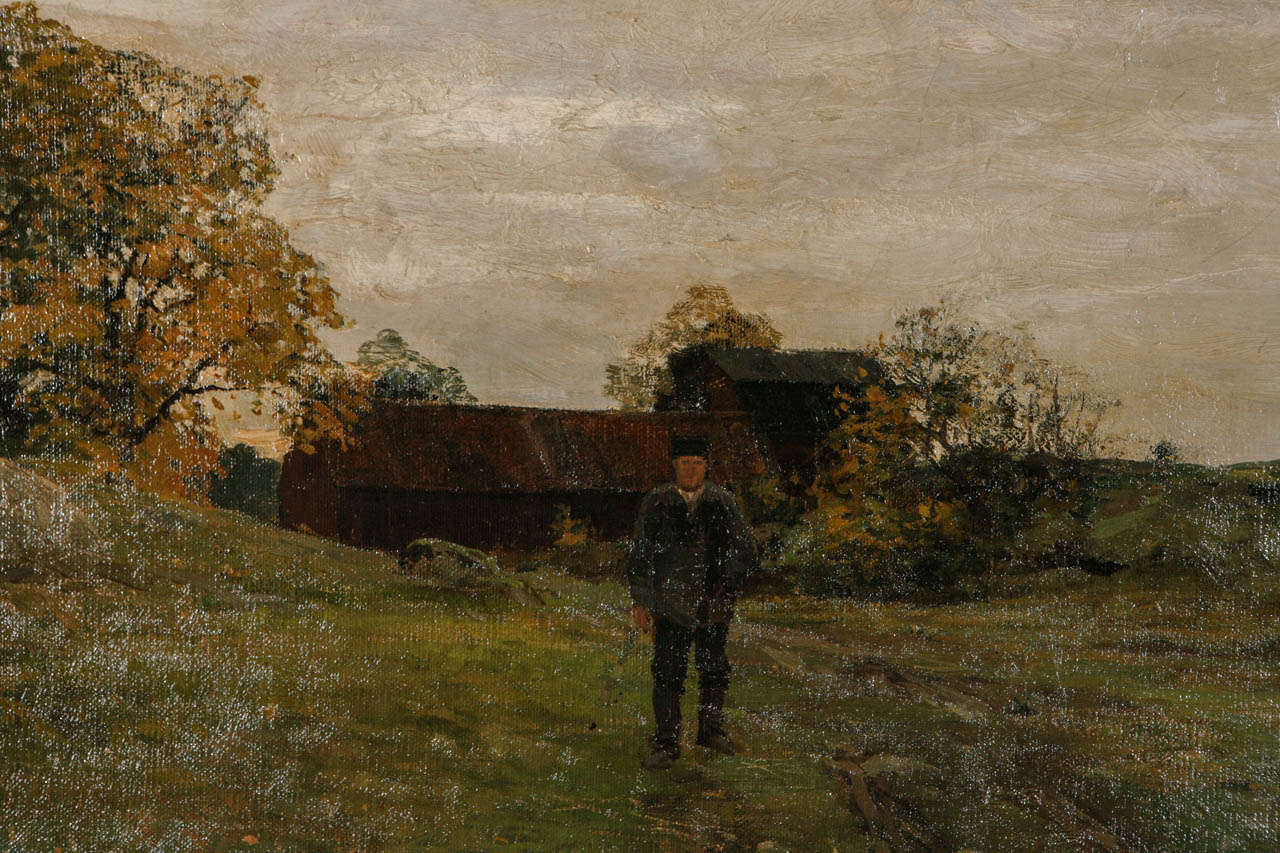painting of a man in countryside by danish painter , alfred bergstrom. no repairs to canvas in original water-gilt frame.