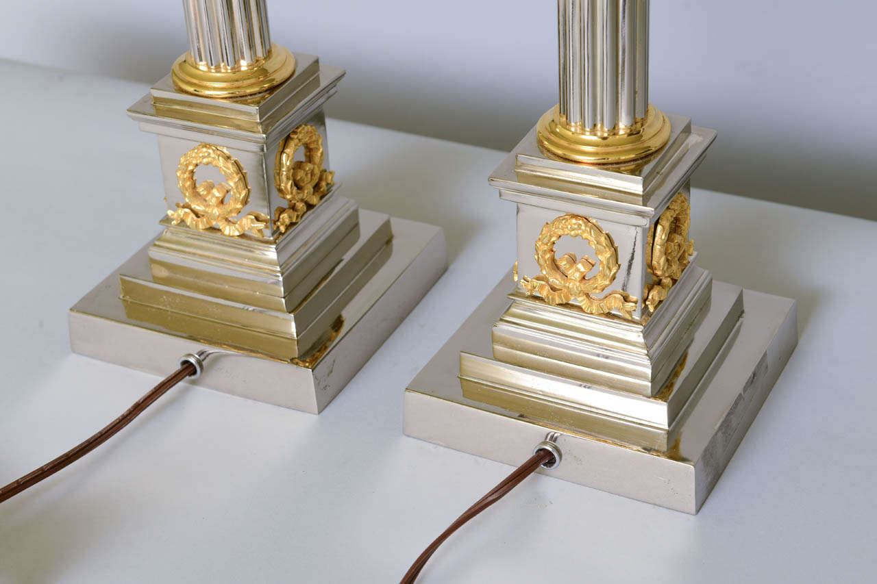 Neoclassical Fine Pair of Classical Column Lamps of Chrome & Brass