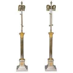 Fine Pair of Classical Column Lamps of Chrome & Brass